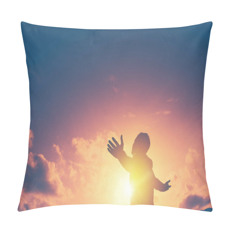 Personality  Copy Space Of Man Rise Hand Up On Top Of Mountain And Sunset Sky Abstract Background. Pillow Covers