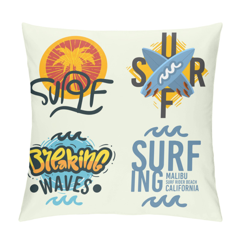 Personality  Surfing Style Surf Summer Time Beach Life Hand Lettering Vector Illustrations Set Designs. Pillow Covers