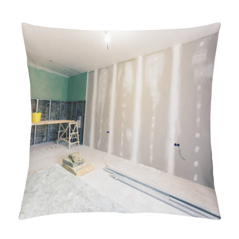 Personality  Working Process Of Installing Metal Frames And Plasterboard Drywall For Gypsum Walls And Materials In Apartment Is Under Construction, Remodeling, Renovation, Extension, Restoration And Reconstruction Pillow Covers