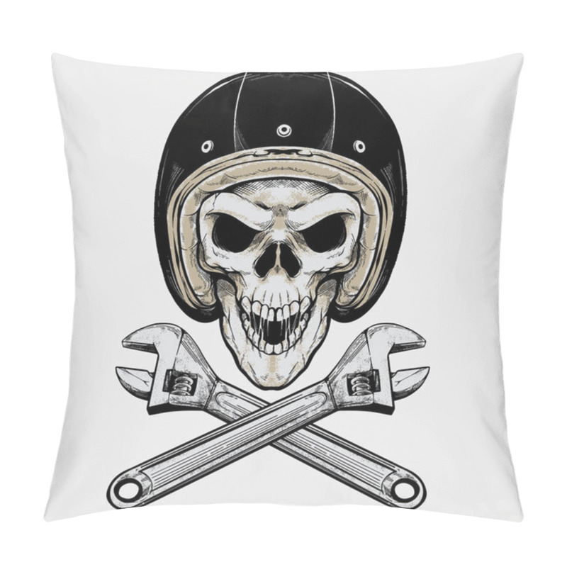 Personality  Vintage Biker Skull And Wrench. Isolated Artwork Object. Suitable For And Any Print Media Need. Pillow Covers