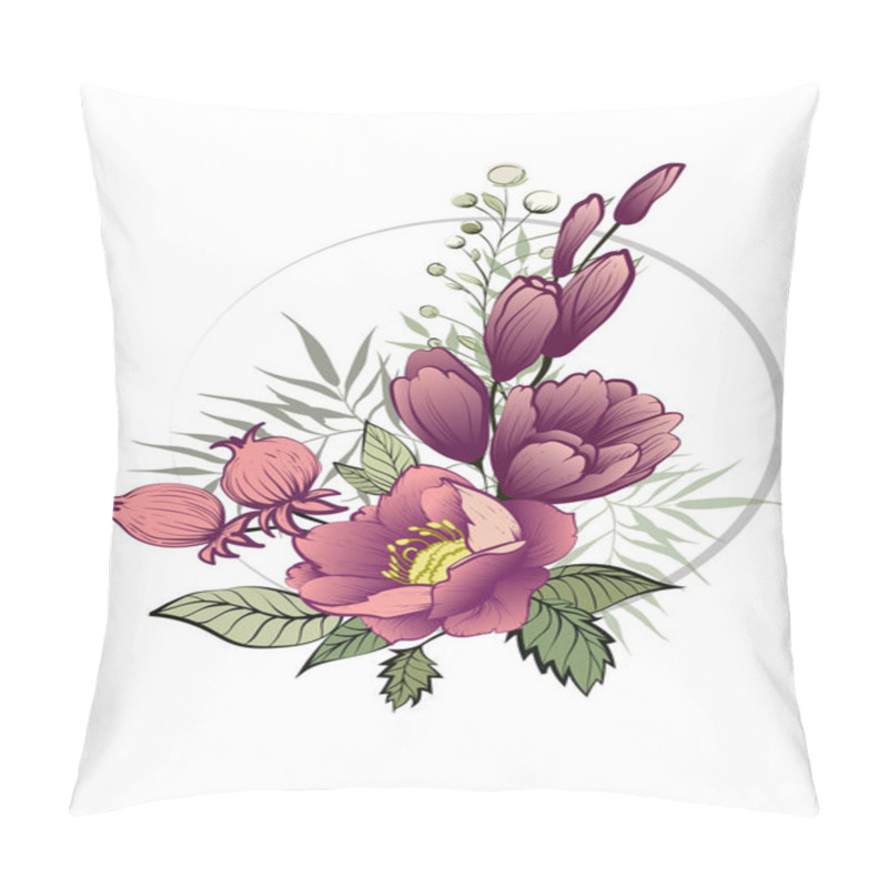 Personality  Spring Flowers Bouquet Of Flowers Bud Garland. Label With Flowers And Greens. Vector Illustrat Pillow Covers