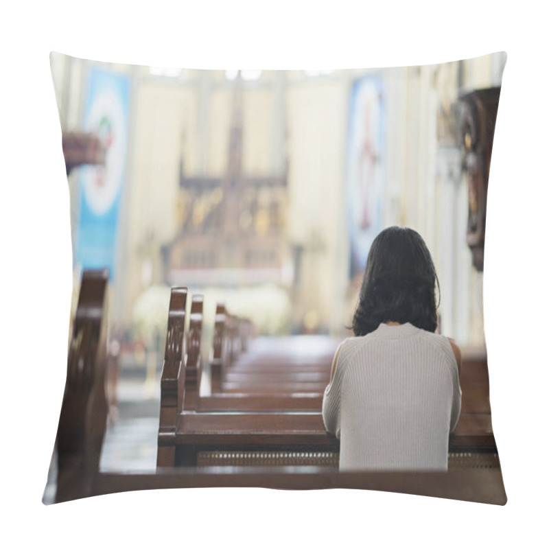 Personality  Rear View Of Religious Woman Praying To GOD While Sitting In The Church Pillow Covers