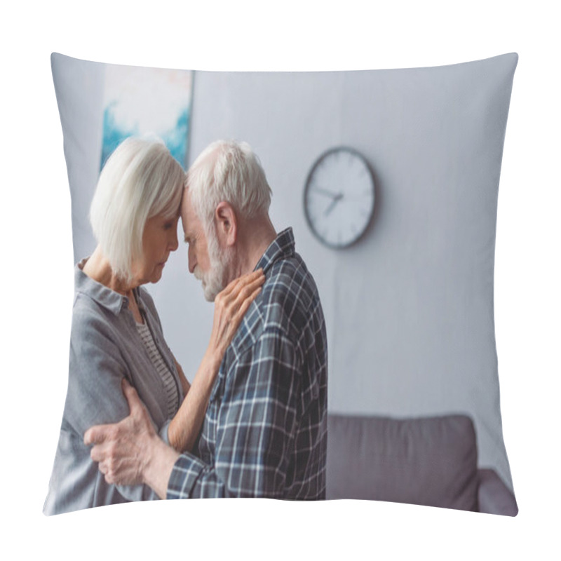 Personality  Senior Woman And Husband With Dementia Hugging While Standing Face To Face Pillow Covers