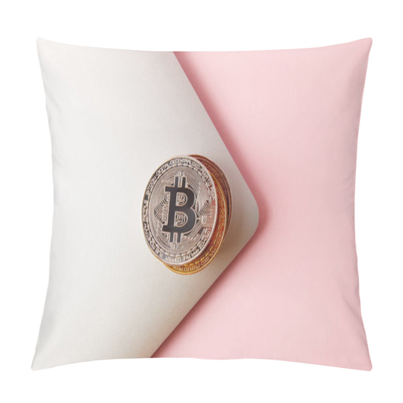 Personality  Top View Of Stack Of Bitcoins On Laptop On Pink Pillow Covers