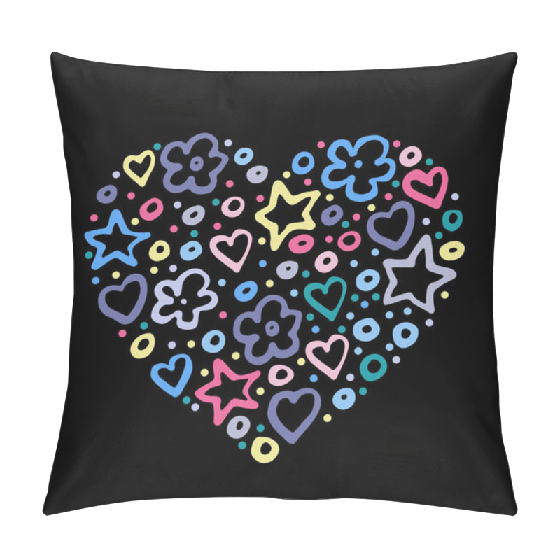 Personality  Card With A Heart Shape. Black Background And Bright Neon Circles, Dots, Stars, Flowers And Hearts. Pillow Covers