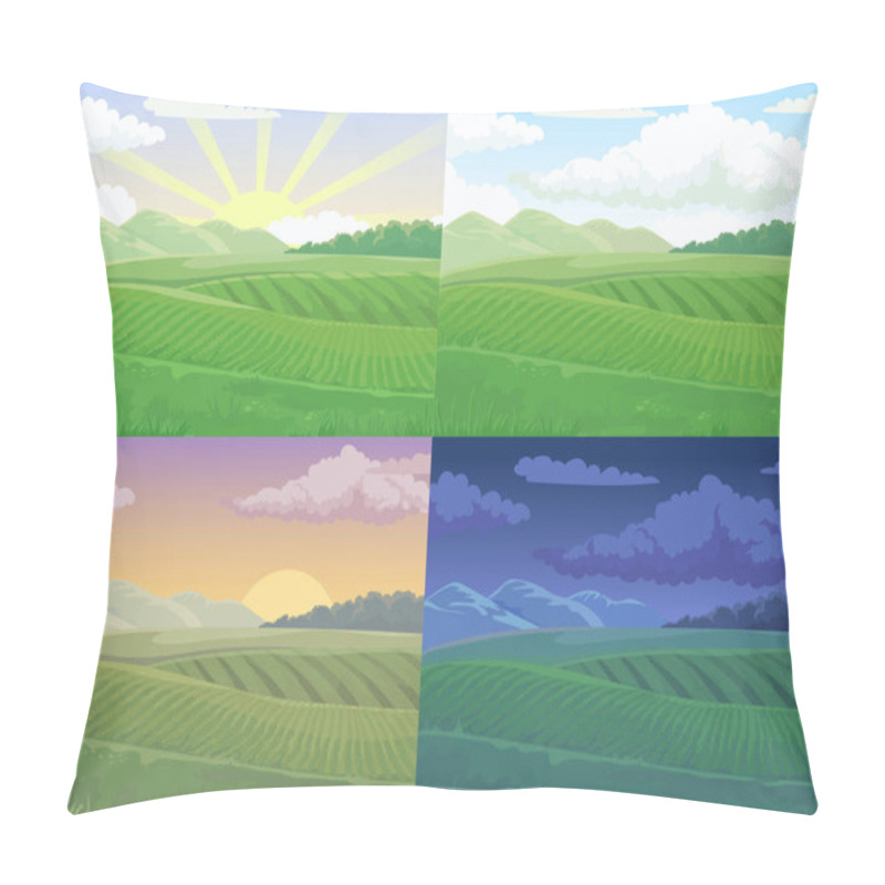 Personality  Summer Field. Green Hill, Daytime Fields Landscape And Spring Hills Cartoon Vector Illustration Background Pillow Covers