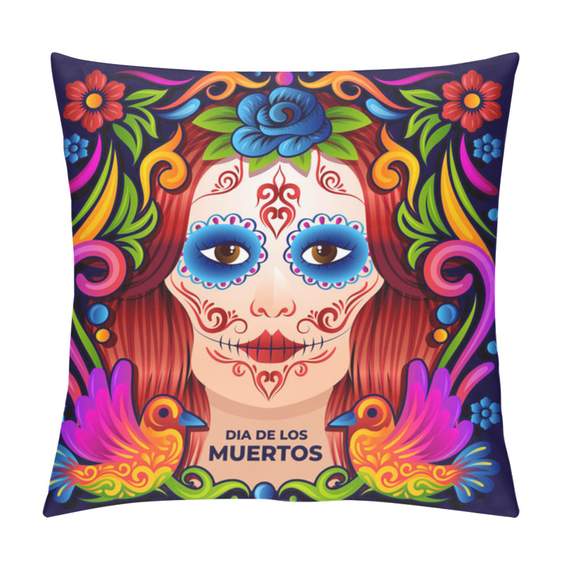 Personality  Calavera Catrina Makeup, Day Of The Dead Or Dia De Muertos Skull Girl With Vibrant Color Design Pillow Covers