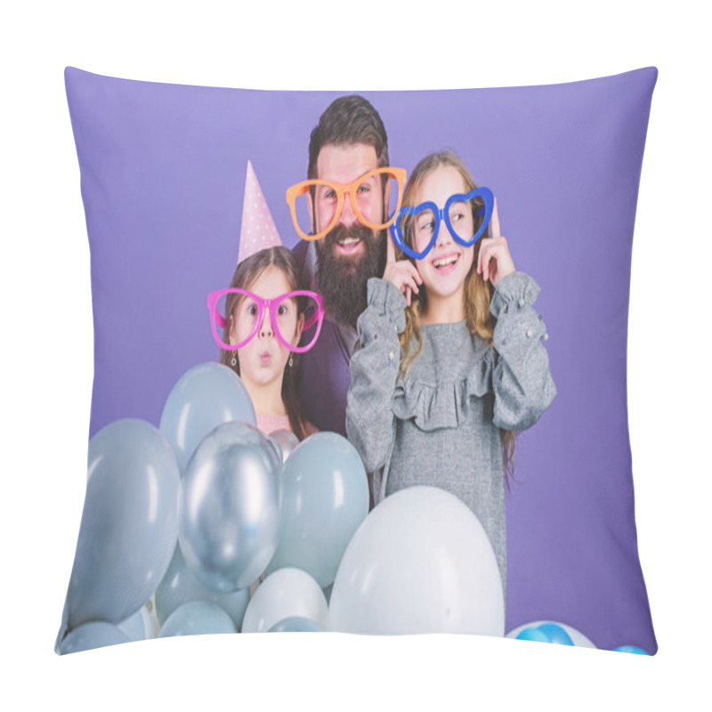 Personality  Father With Daughters Having Fun. Fatherhood Concept. Friendly Family Wear Party Accessories. Best Dad Ever. Fathers Day. Daughters Need Father Actively Interested In Life. Birthday Party. Join Us Pillow Covers