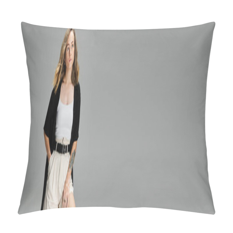 Personality  Young Woman With Vitiligo Stands Gracefully In A Studio, Showcasing Her Unique Beauty And Style. Pillow Covers