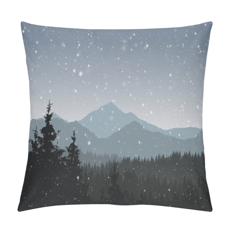 Personality  Vector Illustration Of Winter Mountain Landscape With Forest And Falling Snow Under Gray Sky Pillow Covers