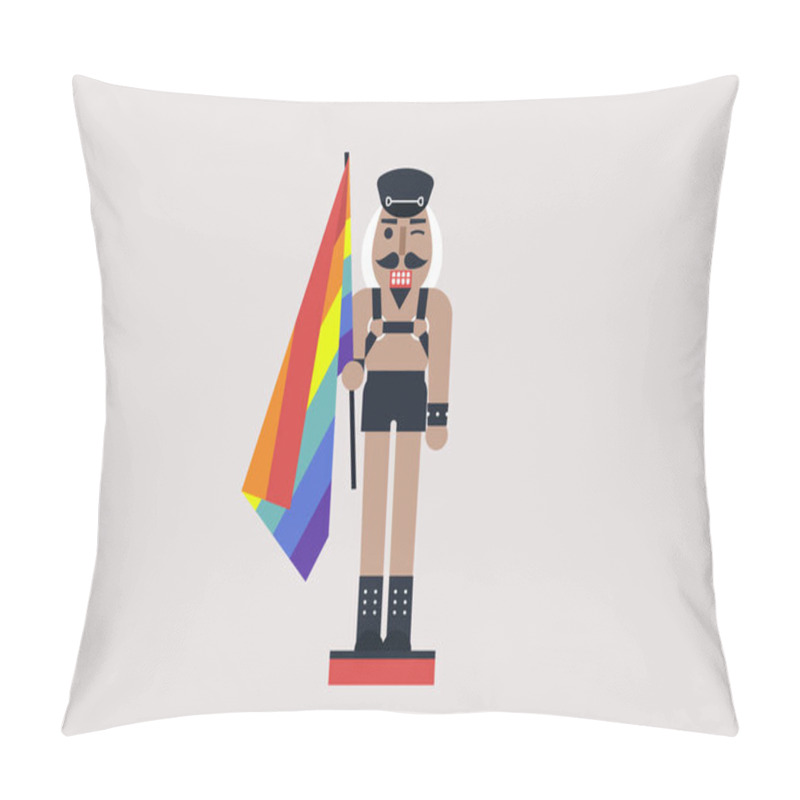 Personality  A Queer Nutcracker Wearing Leather Clothes And A Harness, A Rainbow Flag, Modern Christmas Concept, Lgbtq Culture Pillow Covers