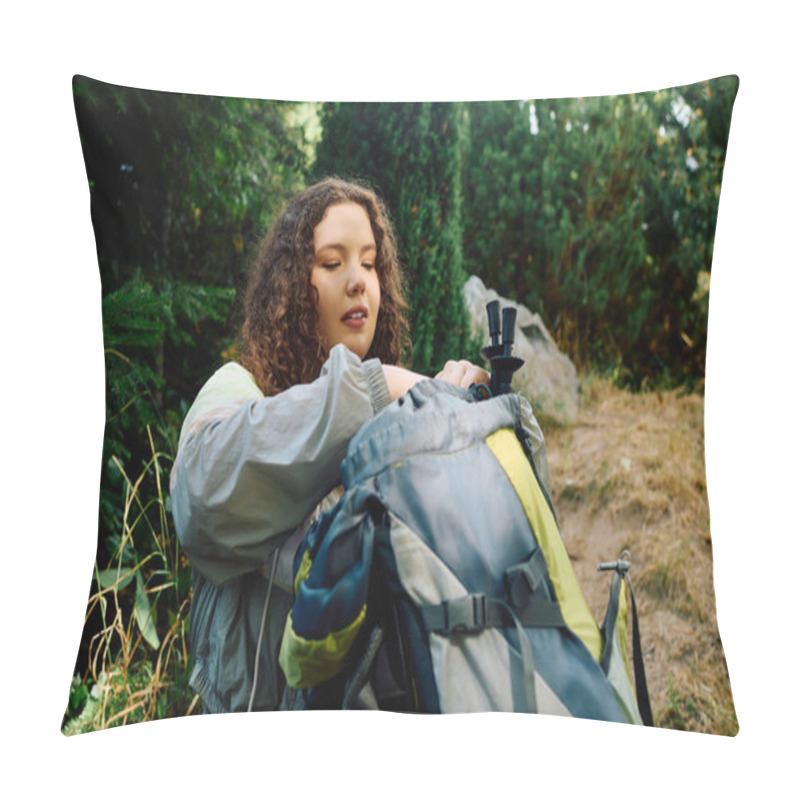 Personality  A Cheerful Woman In A Forest Enjoys Nature While Preparing For An Outdoor Adventure. Pillow Covers