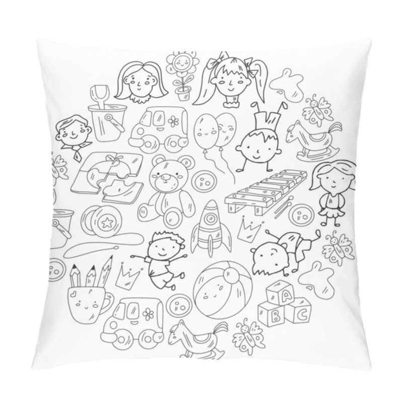 Personality  Kindergarten And Toys. Little Children Game. Kids Playground. Education, Creativity, Imagination. Pillow Covers