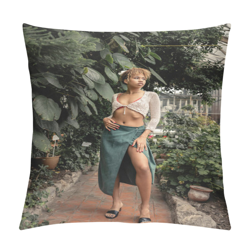 Personality  Full Length Of Trendy Young African American Woman In Skirt And Knitted Top Looking Away And Standing Near Green Plants In Greenhouse, Stylish Lady Surrounded By Lush Greenery, Summer Pillow Covers