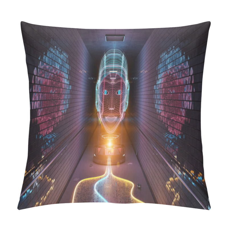 Personality  Blue Orange And Pink Cyborg Hologram Watching A Subway Interior 3D Rendering Pillow Covers