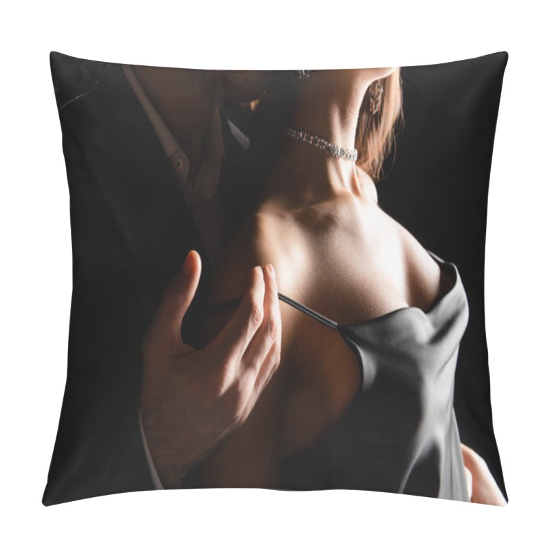 Personality  Cropped View Of Sensual Woman In Silk Dress With Male Hand On Shoulder Isolated On Black Pillow Covers