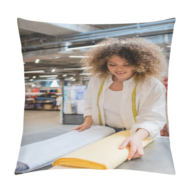 Personality  Smiling Saleswoman With Measuring Tape Choosing Between Blue And Yellow Fabric Rolls Pillow Covers