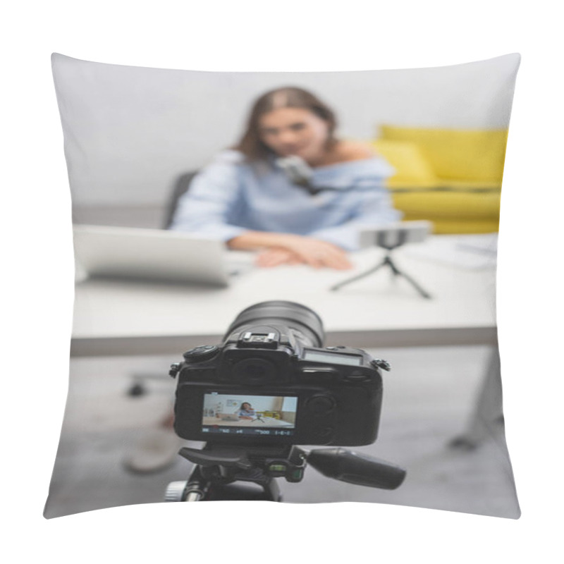 Personality  Screen Of Digital Camera On Tripod Standing Near Blurred Brunette Blogger Talking At Microphone Near Laptop On Table During Stream In Studio  Pillow Covers