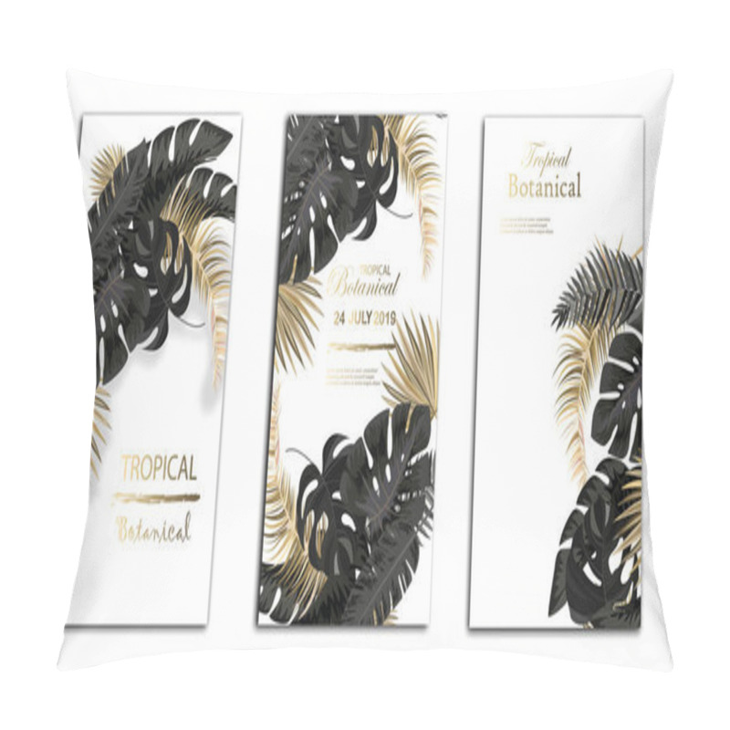 Personality  Vector Arrangement With Black And Gold Tropical Leaves On Dark Background. Luxury Exotic Botanical Design For Cosmetics, Spa, Perfume, Aroma, Beauty Salon. Pillow Covers