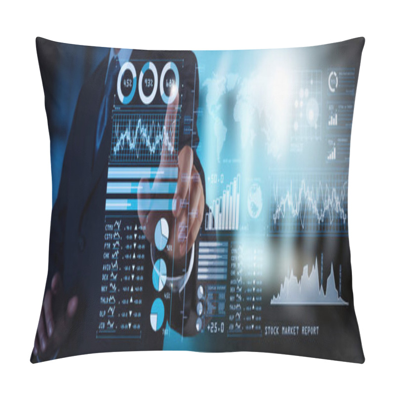 Personality  Investor Analyzing Stock Market Report And Financial Dashboard With Business Intelligence (BI), With Key Performance Indicators (KPI).businessman Hand Working With Finances Program On Wide Screen Computer. Pillow Covers