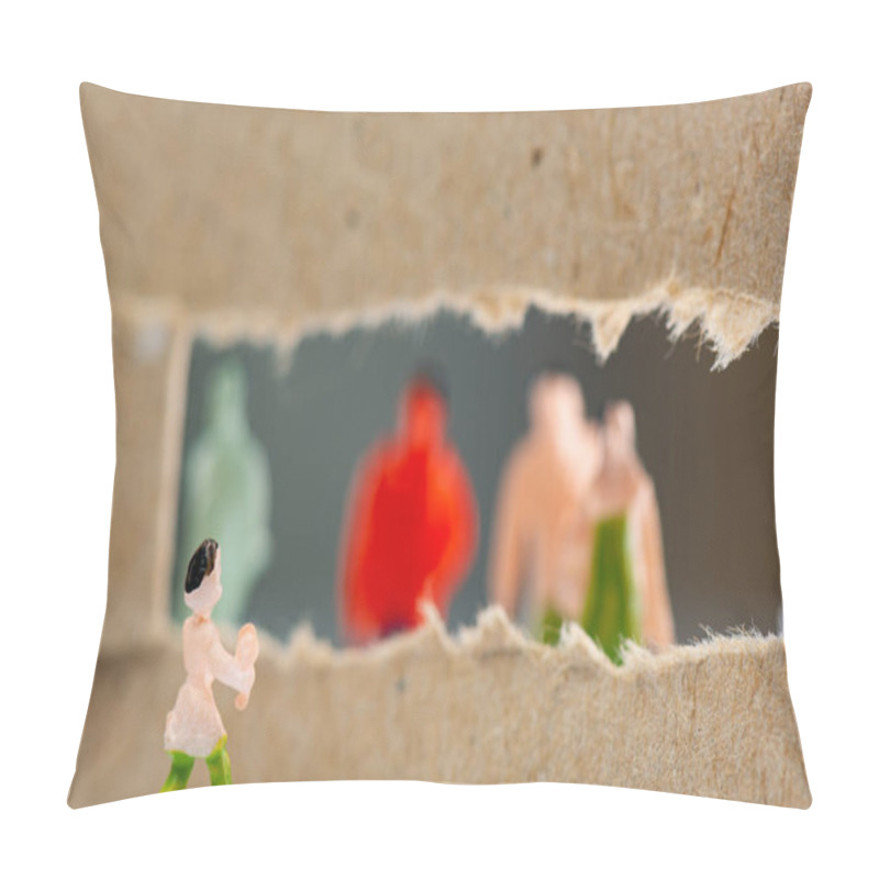 Personality  Selective Focus Of Toy Near Hole In Cardboard With Silhouettes Of People Figures At Background Pillow Covers