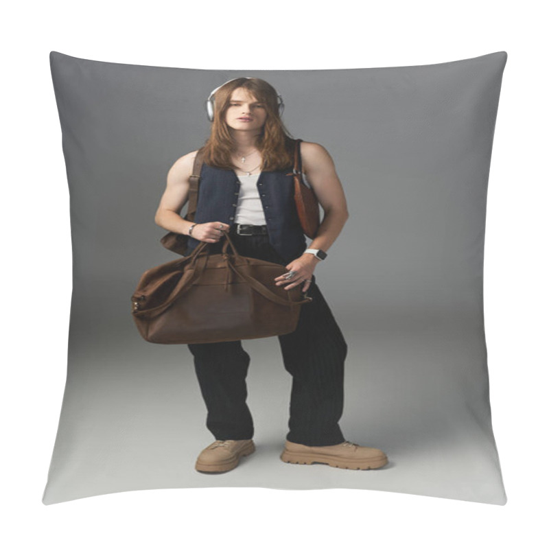 Personality  A Young Man Exudes Style With His Fashionable Outfit, Headphones On And A Bag In Hand. Pillow Covers