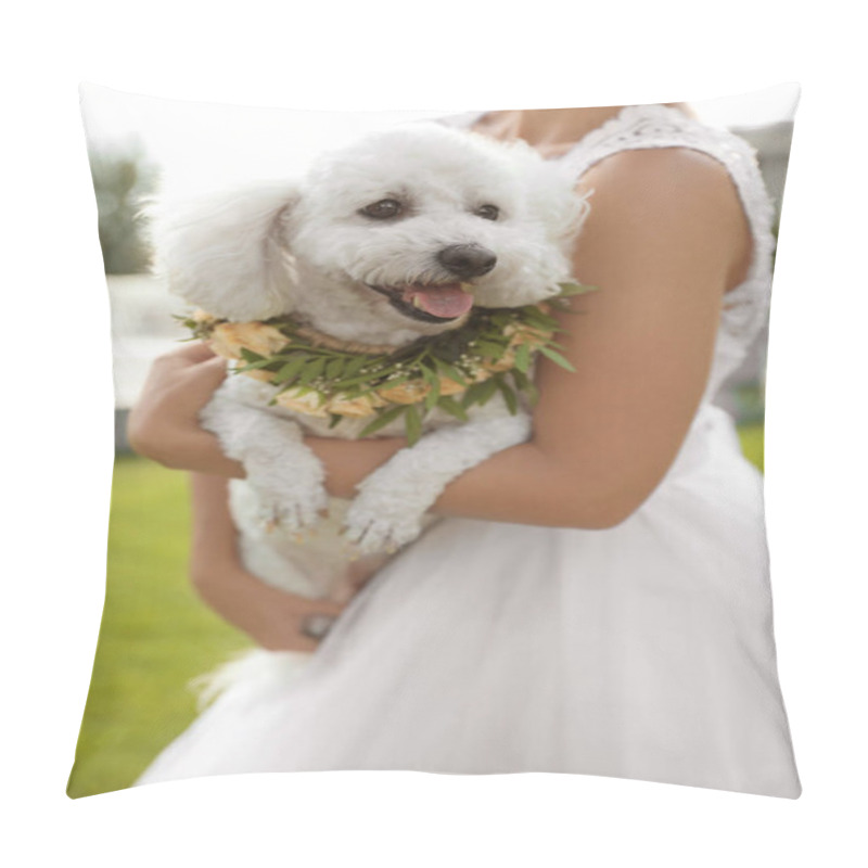 Personality  Bride And Adorable Bichon Wearing Wreath Made Of Beautiful Flowers Outdoors, Closeup Pillow Covers