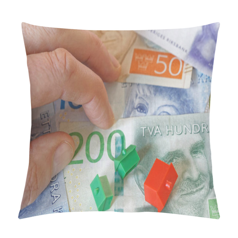 Personality  Overturned Miniature Houses And A Hand On Top Of Swedish Currenc Pillow Covers