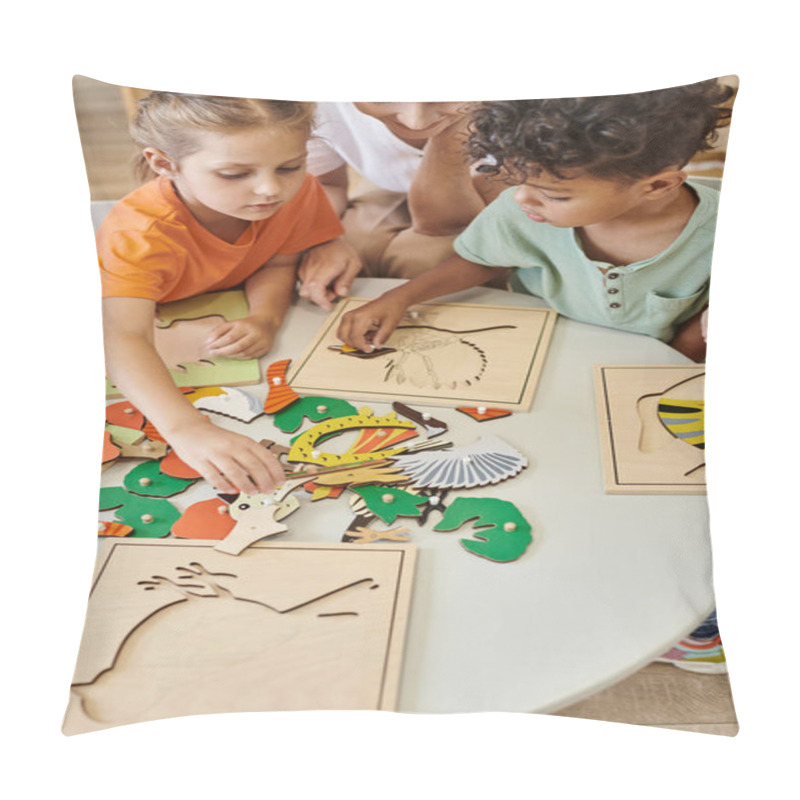 Personality  High Angle View Of Multiethnic Kids Playing Near Teacher During Lesson In Montessori School Pillow Covers