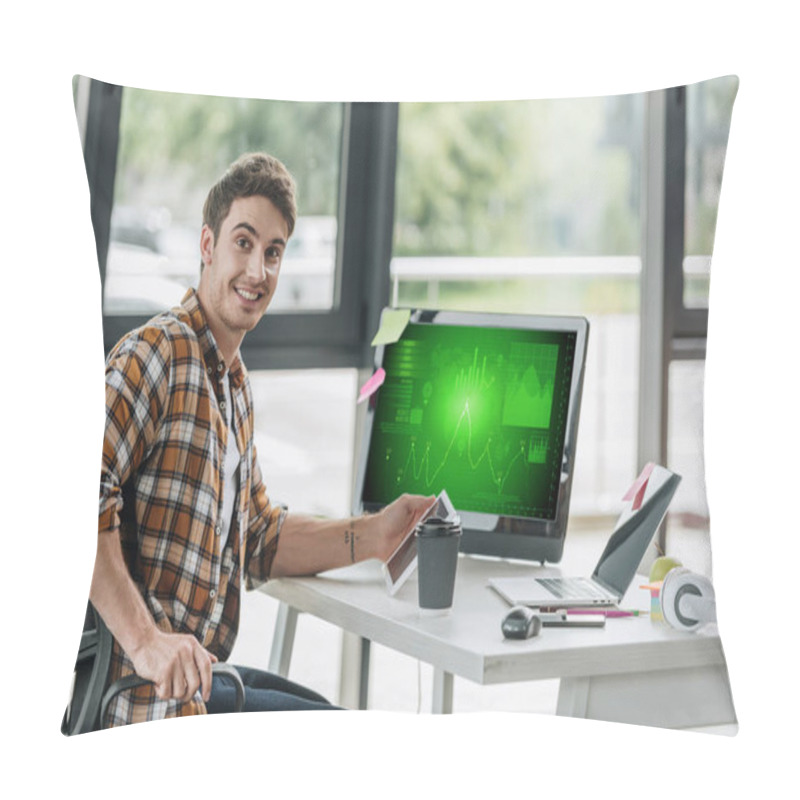 Personality  Cheerful Programmer Smiling At Camera While Sitting Near Computer Monitor With Graphs And Charts On Screen Pillow Covers