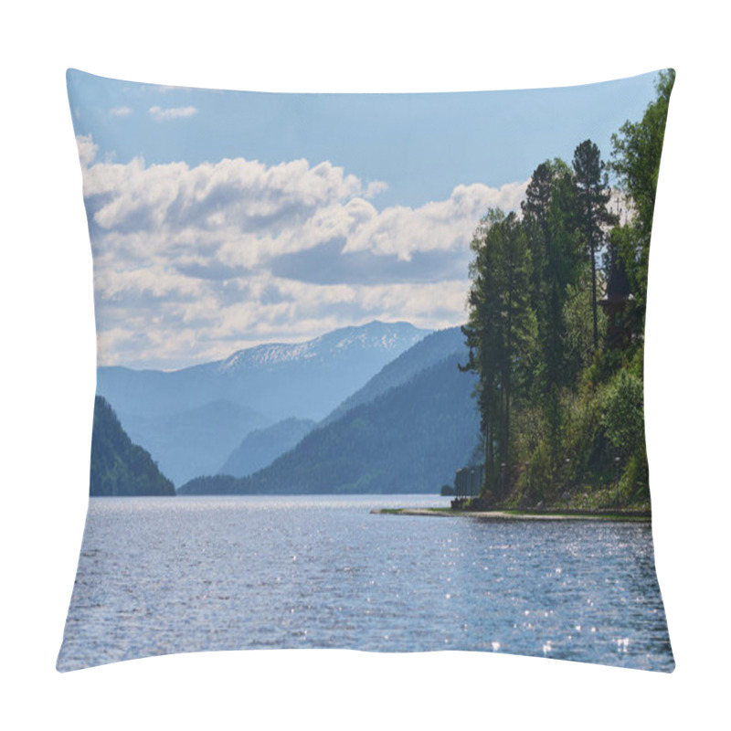 Personality  View Of Lake Teletskoye And The Surrounding Mountains From The Village Of Artybash. Turochaksky District, Altai Republic, South Of Western Siberia, Russia. Pillow Covers