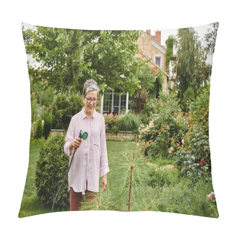 Personality  Good Looking Jolly Mature Woman With Glasses Using Hose To Water Her Lively Plants In Her Garden Pillow Covers