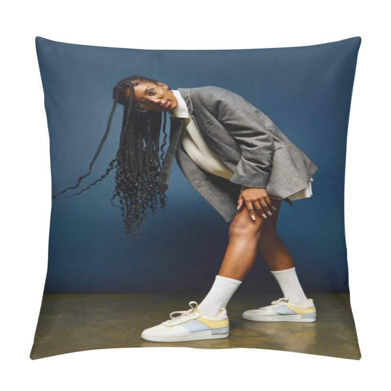 Personality  A Young Woman Shows Off Her Playful Fashion Sense With A Dynamic Indoor Pose. Pillow Covers