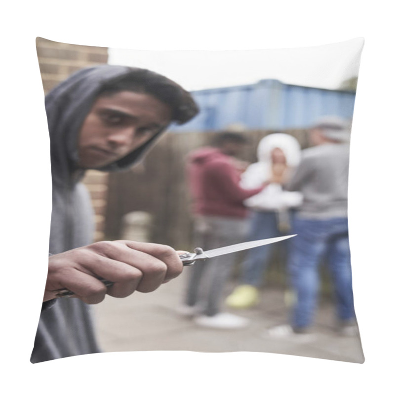 Personality   Teenage Boy In Urban Gang Pointing Knife Towards Camera  Pillow Covers