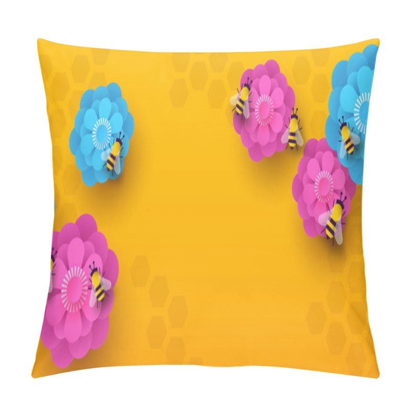 Personality  Floral Spring Illustration Background Of Paper Cut Flowers And Bee Insects In Modern 3d Papercut Style. Empty Copy Space Template For Season Event Or Animal Conservation. Pillow Covers