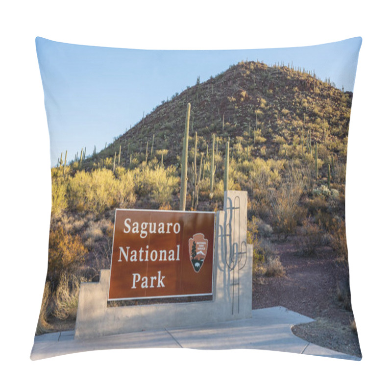 Personality  Tucson, United States: February 6, 2021: Saguaro National Park Sign At Base Of Cactus Covered Hillside Pillow Covers