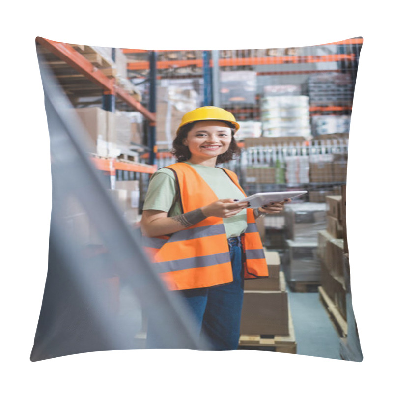 Personality  Tattooed Happy Female Warehouse Worker In Safety Vest And Hard Hat Holding Digital Tablet Pillow Covers