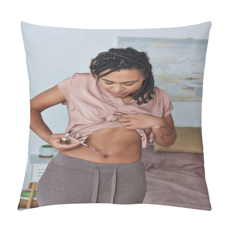 Personality  African American Woman Making Hormonal Injections In Belly, Tattoo, Pregnancy Concept, Fertility Pillow Covers