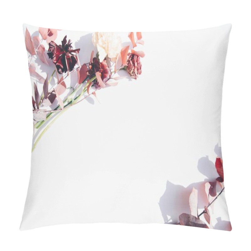 Personality  Delicate Arrangement Of Autumn Leaves And Flowers On A White Background. Pillow Covers