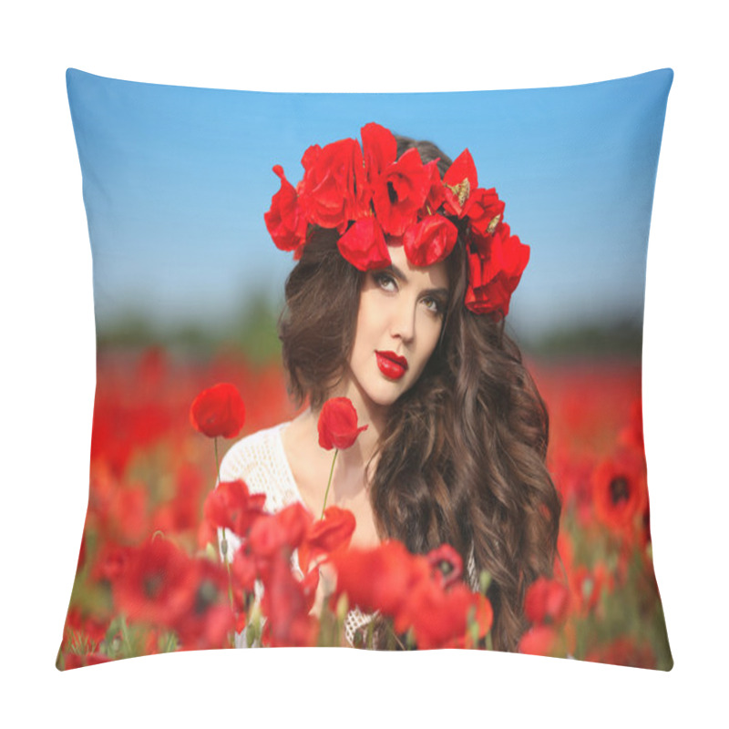 Personality  Beautiful Brunette Woman In Poppies Field With Flowers, Attracti Pillow Covers