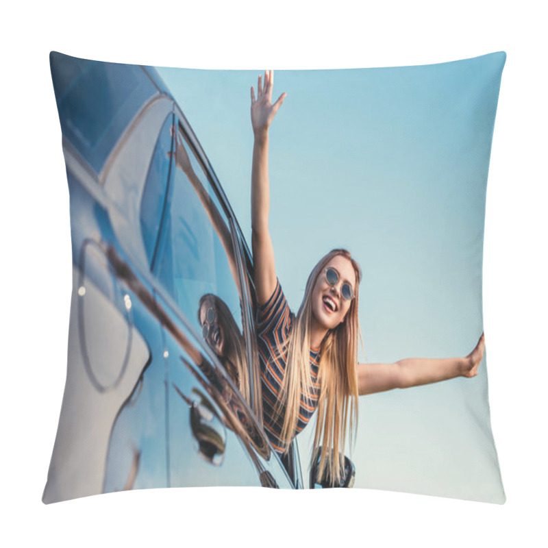 Personality  Low Angle View Of Stylish Woman In Sunglasses Leaning Out From Car Window Against Blue Sky Pillow Covers