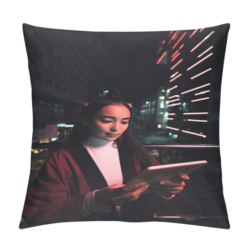 Personality  Attractive Asian Girl In Kimono Using Tablet On Street With Neon Light In Evening, City Of Future Concept Pillow Covers