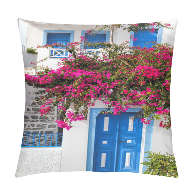 Personality  Traditional Greek Door With Flowers In Oia Village On Santorini Island, Greece Pillow Covers