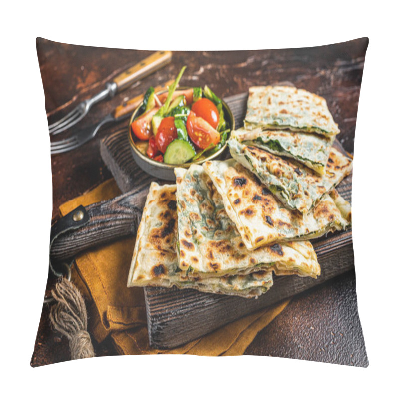 Personality  Freshly Baked Turkish Gozleme, Flatbread With Greens And Cheese. Dark Background. Top View. Pillow Covers