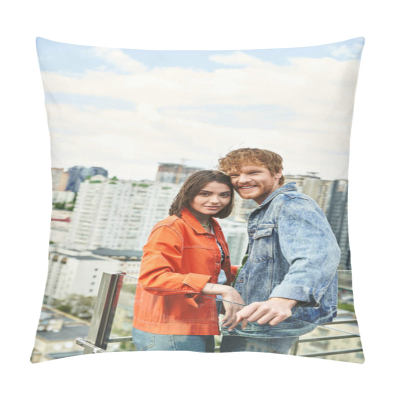 Personality  A Man And A Woman Stand Confidently Atop A Skyscraper, Overlooking The City Below With A Sense Of Awe And Accomplishment Pillow Covers