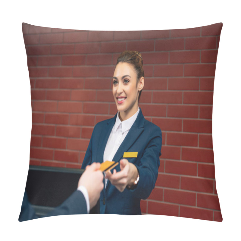 Personality  Young Beautiful Hotel Receptionist Taking Credit Card From Customer Pillow Covers