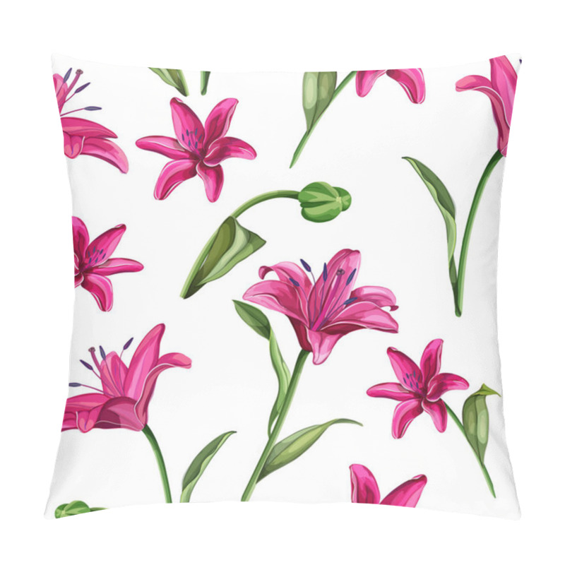 Personality  Vector Realistic Pink Lily Blossom Leaves Stem Set Pillow Covers