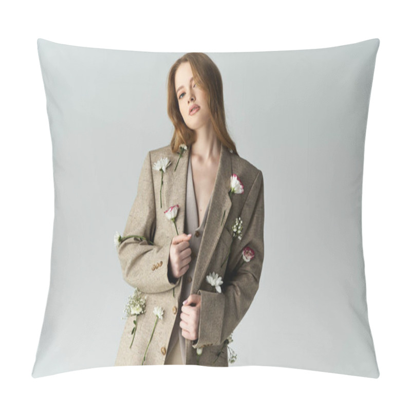 Personality  A Beautiful Young Woman Showcases Floral Fashion In A Stylish Setting. Pillow Covers