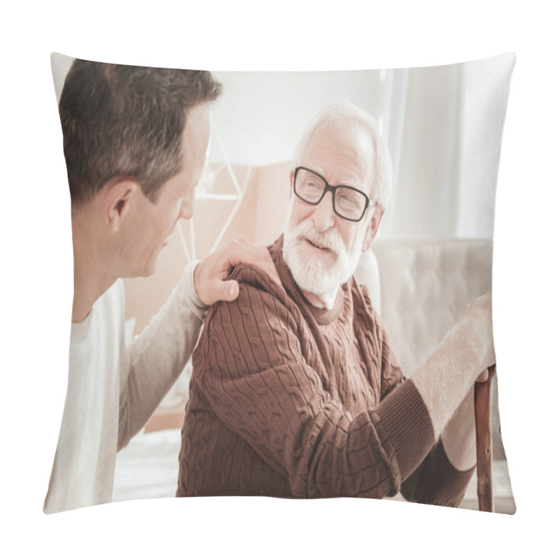 Personality  Senior Bespectacled Man Looking At Son And Smiling. Pillow Covers