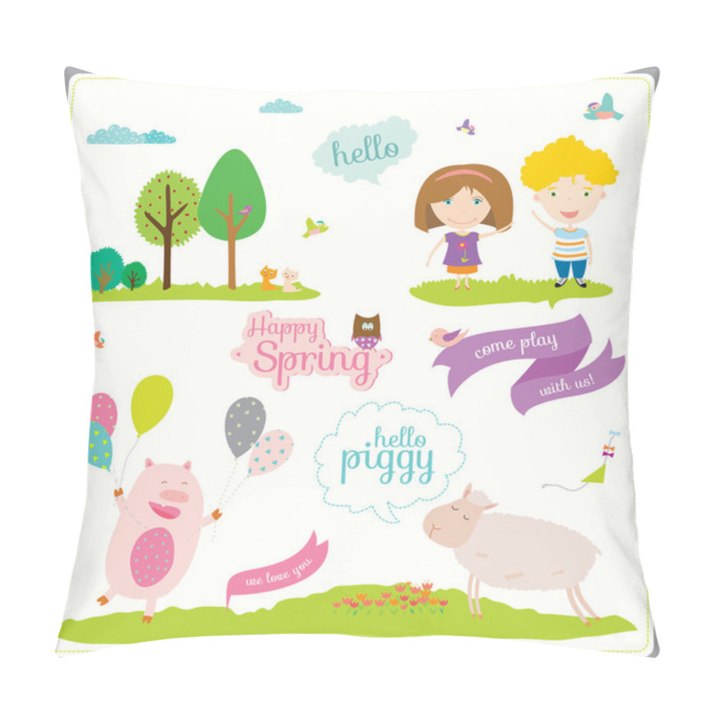 Personality  Bright Background With Nice And Funny Animals And Children Pillow Covers